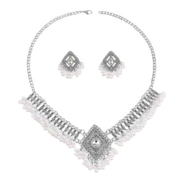 Imagem de OIDIMS Crystal Jhumkas Brincos indianos gargantilha colar para mulheres moda zircônia cúbica boho pingente pingente punk grosso colares para festa de casamento elegante festival de Bollywood conjunto