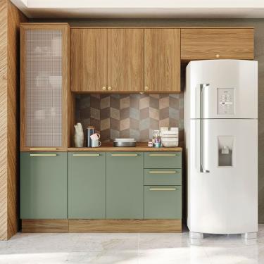 Imagem de Cozinha Completa Kappesberg Botanic Flora com 8 Portas, 3 Gavetas, 8 Prateleiras e 250cm de largura - Nogueira/Verde Oliva