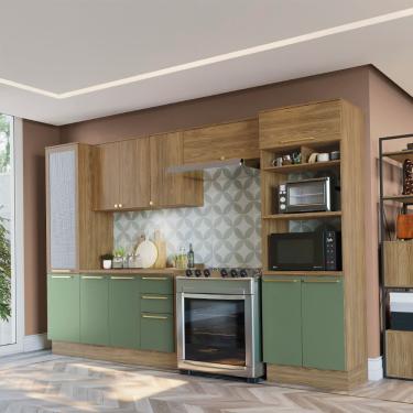 Imagem de Cozinha Completa Kappesberg Botanic Flora com 11 Portas, 3 Gavetas, 11 Prateleiras, Nicho e 330cm de largura - Nogueira/Verde Oliva