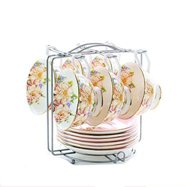 Imagem de AKALNNB Conjunto de xícara de chá, conjunto de chávenas de chá de cerâmica, feito à mão, porcelana, café, chá, com 6 pires, 6 xícaras, 6 pires, 1 suporte de metal