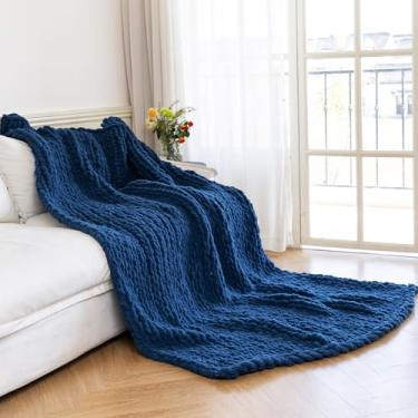 Imagem de Larexius Cobertor de malha grossa - Cobertor luxuoso macio e aconchegante de 60 x 80, cobertor 100% tecido de nó de corda para sofá, decoração de casa, presente - lavável na máquina (azul escuro)