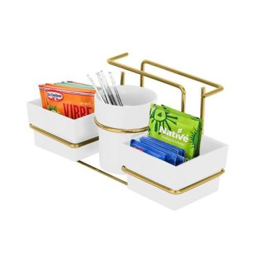 Imagem de Porta Sachês Guardanapos Mexedor Açucar Chá Organizador Branco Dourado