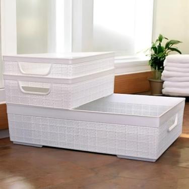 Imagem de Kit 3 Cesto Organizador Plástico com Design Juta – Multiuso para Cozinha, Banheiro e Lavanderia – Resistente, Compacto e Decorativo (Branco)