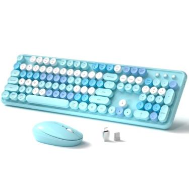 Imagem de Combo colorido de teclado e mouse sem fio, teclado estilo máquina de escrever retrô, tamanho completo com teclas redondas, conexão Plug and Play de 2,4 GHz para Windows, Mac, laptop, PC, desktop (azul
