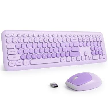 Imagem de Fogruaden Teclado e mouse sem fio roxo silencioso, 2,4 GHz, estilo máquina de escrever fofo, conjunto de teclado e mouse colorido, design fino, digitação de baixo ruído para casa, escritório, Windows