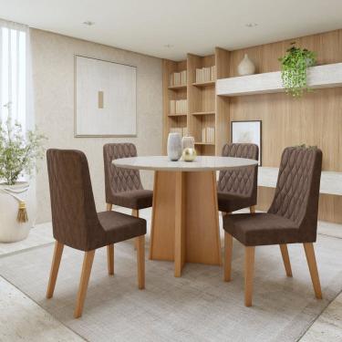 Imagem de Conjunto Celebrare 100cm tampo Redondo em MDF com Vidro e 4 Cadeiras Luar Amêndoa Clean/Off White/Couro Morano Avelâ