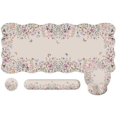 Imagem de iCasso Conjunto de tapete de mesa, mouse pad grande com descanso de pulso, suporte ergonômico de pulso para mulheres, tapete de computador floral feminino com bordas recortadas, tapete de mesa