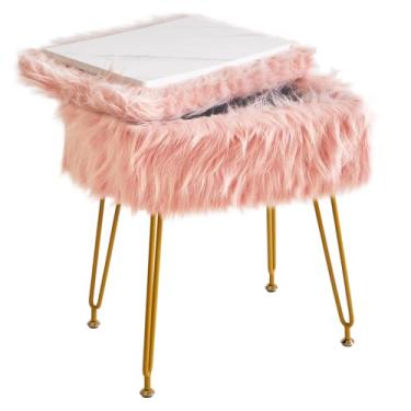 Imagem de IBUYKE Banqueta retangular de pele sintética com armazenamento, cadeira de maquiagem peluda, assento acolchoado macio, apoio para os pés redondo com 4 pernas de metal, para sala de estar e quarto