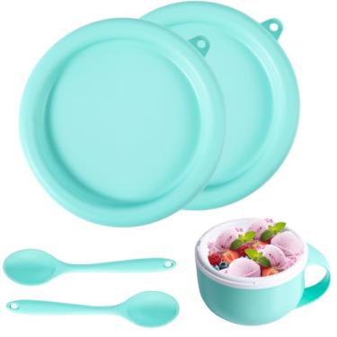 Imagem de 2 peças de tampas de silicone e 2 colheres, capa de tigela de silicone reutilizável e conjunto de colher acessórios práticos para máquina de sorvete compatíveis com Dash My Mug Caneca de sorvete