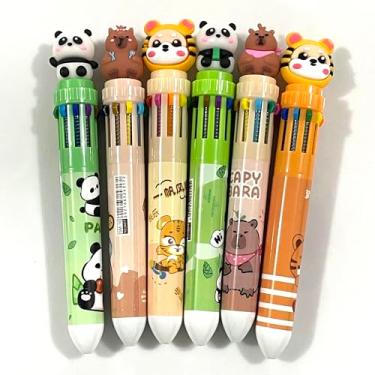 Imagem de sencoo Pacote com 6 canetas esferográficas multicoloridas, 10 em 1, 10 cores, para escritório, material escolar, prêmio, panda, tigre, urso, animal, presente para crianças