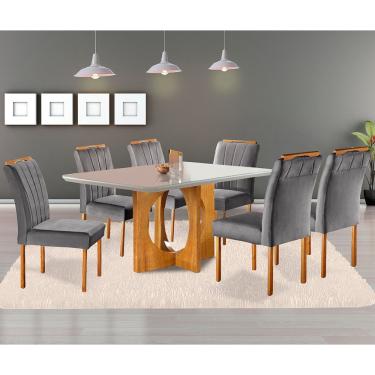 Imagem de Conjunto Sala De Jantar 6 Lugares Mesa Barcelona E Cadeiras Em Veludo Móveis Mix Mel/Off White/Cinza