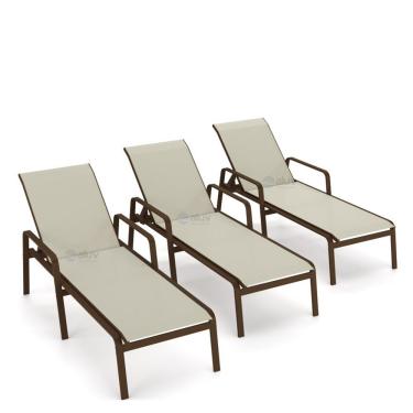 Imagem de Kit 3 Espreguiçadeira Piscina Alumínio Marrom Tela Bege