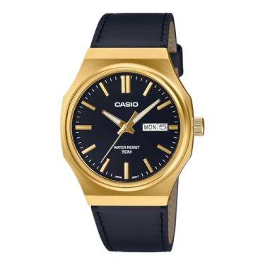 Imagem de Relógio CASIO masculino dourado couro preto MTP-E735GL-1AVDF