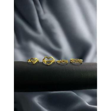 Imagem de Kit Feminino com 4 Anéis Corações Banhado a Ouro 18k - ToJoia18k