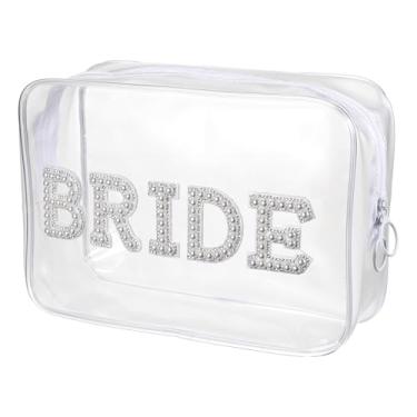 Imagem de Aeaocvo Bolsa de maquiagem transparente para noivas, presente de noivado, dama de honra, pérola, strass, letras, patches, presentes para despedida de solteira, casamento, chá de panela, Transparente.