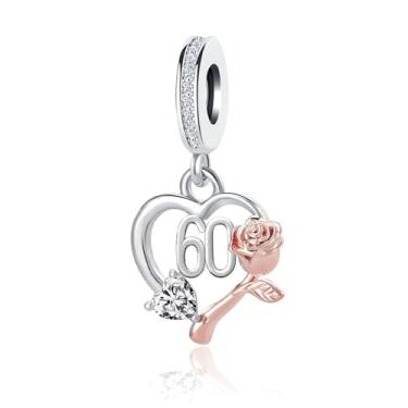 Imagem de QeenseKc Número de aniversário 60º coração pingente flor zircônia cúbica contas compatíveis com pulseira Pandora