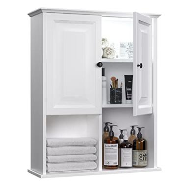 Imagem de HAIOOU Armário de parede de banheiro, armário de remédios de madeira montado na parede, armário de armazenamento sobre vaso sanitário com dobradiças amortecedoras, uma prateleira ajustável e uma luz