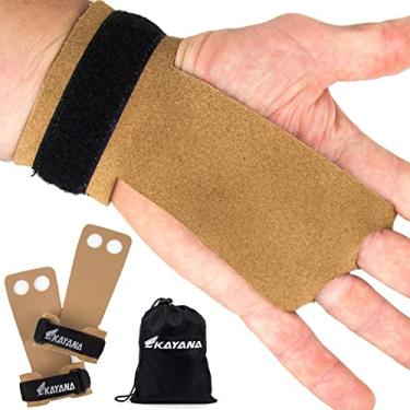 Imagem de Puxadores de mão de ginástica de couro Kayana com 2 orifícios – Proteção de palma e suporte de pulso para treinamento cruzado, Kettlebells, levantamentos, levantamento de peso, levantamento de queixo, treino, exercícios, Tan (Suede on the Outside), Large