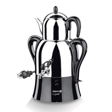 Imagem de Hakan Conjunto De Bule Elétrico Para Chá Turco Korkmaz Caykolik A341-14, Aço Inoxidável, 1,1 L (37,1 Oz), 3 Bules Inferiores (101,4 Duplo, Cromado, Preto, Plugue Americano 110 V, 4,3 Litros