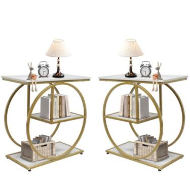 Imagem de AT-VALY Par de 2 mesas laterais com prateleiras de armazenamento, mesa de canto de 3 andares, mesa lateral de sofá pequena para sala de estar, quarto (ouro)