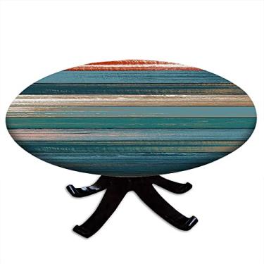 Imagem de Toalha de mesa redonda de madeira com borda elástica, estampa de textura de prancha de madeira, design de impressão 3D, adequada para mesas de jantar, festas de autoatendimento e acampamento, adequada