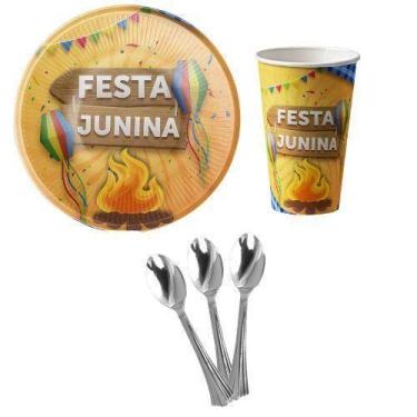 Imagem de Kit 20 Convidados Pratos Copo Papel Colher 14Cm Festa Junina - Udlandi