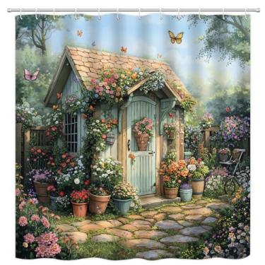 Imagem de PZMPZM Outhouse Cortina de chuveiro rústica casa de fazenda floral vintage azul-petróleo casa de campo primitiva jardim jardim banheiro cortinas de tecido poliéster com ganchos 180x170 cm A