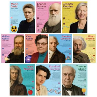 Imagem de Arosche Pôster de sala de aula, 10 peças, decoração de sala de aula, cientistas famosos, pôsteres motivacionais inspiradores com citações positivas para casa, escola, quadro de avisos, parede