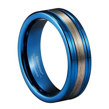 Imagem de QUEENWISH Anéis de tungstênio azul de 8 mm para casais, alianças de aniversário de casamento, prata fosco/acabamento escovado, Carboneto de tungstênio, Sem pedra preciosa