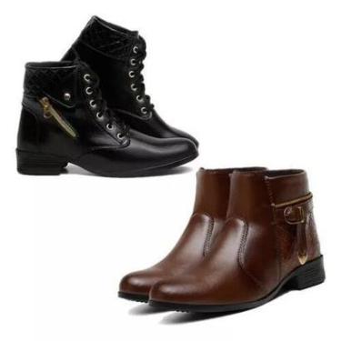 Imagem de 2 Pares Bota Feminina Coturno Chelsea Cano Curto Montaria Salto Grosso Couro Ecologico Frio Inverno-Feminino