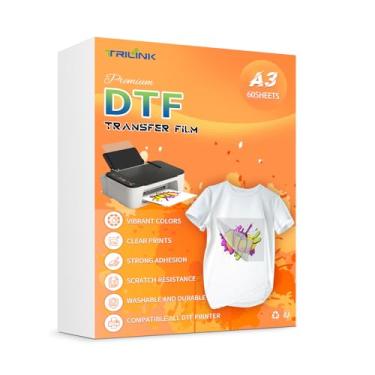 Imagem de TRILINK Papel de filme de transferência DTF A3 (29,7 cm x 42 cm) - 60 folhas de papel de transferência direto para filme PET premium para sublimação - Funciona em algodão, poliéster e mais tecidos