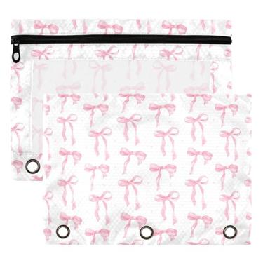 Imagem de Bolsa de fichário com laço rosa e branco, 3 anéis para meninos, meninas, escola, escritório, faculdade, suprimentos para faculdade, laço fofo, estampa de rabisco, bolsa para lápis com janela