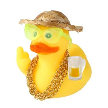 Imagem de Lyreh Enfeite Painel Carro Pato de Borracha, Enfeite Carro Pato Dedo Médio Engraçado com Chapéu Palha Colar Ouro Óculos Sol Copo Cerveja para Decoração Automóvel Casa Escritório Decoração