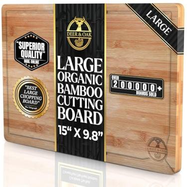 Imagem de Deer & Oak Tábua de corte de madeira grande – Tábua de corte de bambu de 35 x 28 x 2 cm para esculpir carnes e vegetais – pré oleada, tratada, de madeira premium – Tábua de cortar de bambu