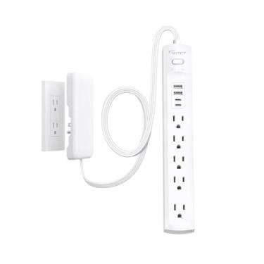 Imagem de NUTICT - Cabo de extensão de tomada de energia de 1,8 m, protetor contra sobretensão com 5 tomadas e 2 USB-A e 2 USB-C, proteção 1440J, cabo de tomada de parede plano de 3 pinos, para