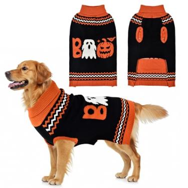 Imagem de LyssKMK Suéter listrado de Halloween com estampa de fantasma de abóbora para animais de estimação, roupas festivais, letras boo, fantasia de Halloween para cães pequenos, médios e grandes, 3GG
