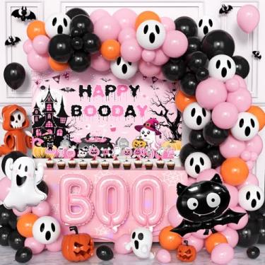 Imagem de Happy Boo Day Party Decorations-Pink Black Orange Halloween Balloon Arch Kit, Happy Booday Banner, 16inch B-O-O, Bat Ghost Foil Balloons and Cupcake Toppers For Pink Halloween Birthday Decorations
