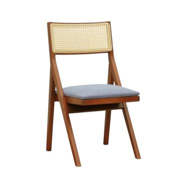 Imagem de Cadeira Ypê Madeira Maciça e Telinha Natural - Amêndoa - Assento Estofado Linho Cinza Mescla Impermeável