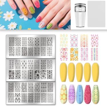 Imagem de UNICRAFTALE Conjunto de 3 peças de placas de unhas de flores, arcos de primavera, plantas, carimbos, modelos de unhas, estênceis reutilizáveis, de aço inoxidável, faça-você-mesmo, placas de arte para