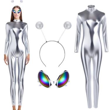 Imagem de Maiteenly Body feminino brilhante metálico Unitard traje de gato alienígena faixa de cabeça e óculos macacão de Halloween acessórios de fantasia (prata, grande)