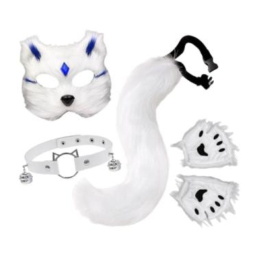 Imagem de Vaveren Conjunto de máscara e cauda de gato e, acessórios para fantasias de festa de Halloween, Branco Azul