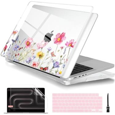 Imagem de Batianda Capa para MacBook Pro de 16 polegadas versão 2024 2023 2021 com chip M4 M3 M2 M1 Pro/Max, capa rígida transparente com design floral elegante com capa de teclado e protetor de tela, flores da