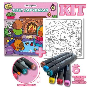 Imagem de KIT Livro de Colorir COZY CAPYBARAS Comfy Goods + 6 Canetas Touch Pont