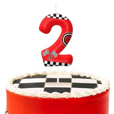 Imagem de Velas vermelhas de aniversário número 2, topo de bolo temático de carros de corrida para decoração de bolo para meninos e meninas, decorações de aniversário, suprimentos de festa, velas numéricas para