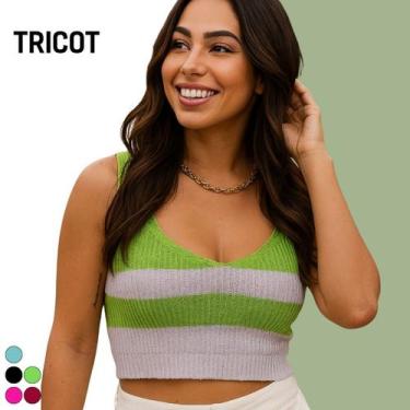 Imagem de Blusa Regata Cropped Tricot Feminino Gola V com Detalhe Bicolor Modern