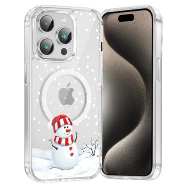 Imagem de RUMDEY Capa de celular Feliz Natal boneco de neve para iPhone 15 Pro Xmas capa magnética transparente de 6,3 polegadas, compatível com Magsafe, capa com design de padrão de inverno bonito à prova de
