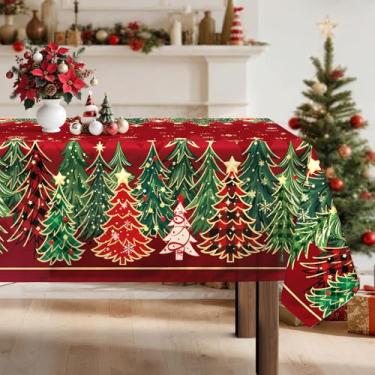 Imagem de Arquiel Toalha de mesa de árvore de Natal à prova d'água, retângulo de toalha de mesa vermelha e dourada, lavável para festa de Natal, decoração de casa e cozinha (140 cm x 187 cm)