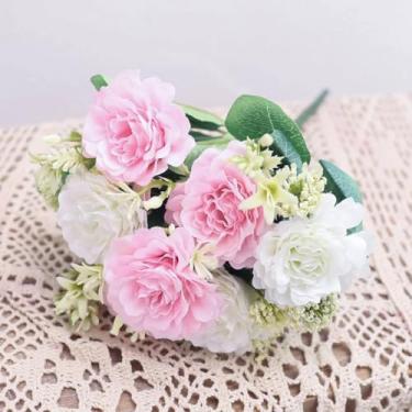 Imagem de Buquê de flores artificiais de seda, peônias, guirlanda de casamento de Natal, decoração para casa, flores artificiais, sala de estar, festa, acessórios de jardim (branco e rosa)