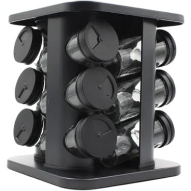 Imagem de Porta Temperos e Condimentos de Vidro com Suporte Giratório Quadrado c/12 Potes de 85ml para Cozinha Preto