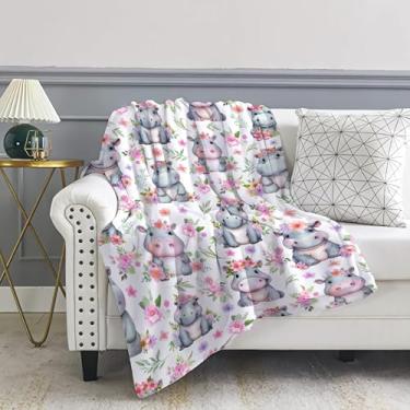 Imagem de Cobertor floral de hipopótamo presentes para meninos e meninas, cobertores florais de hipopótamo ultra macios, de flanela leve, decoração de pelúcia quente para sofá, acampamento, viagem, 101,6 cm x
